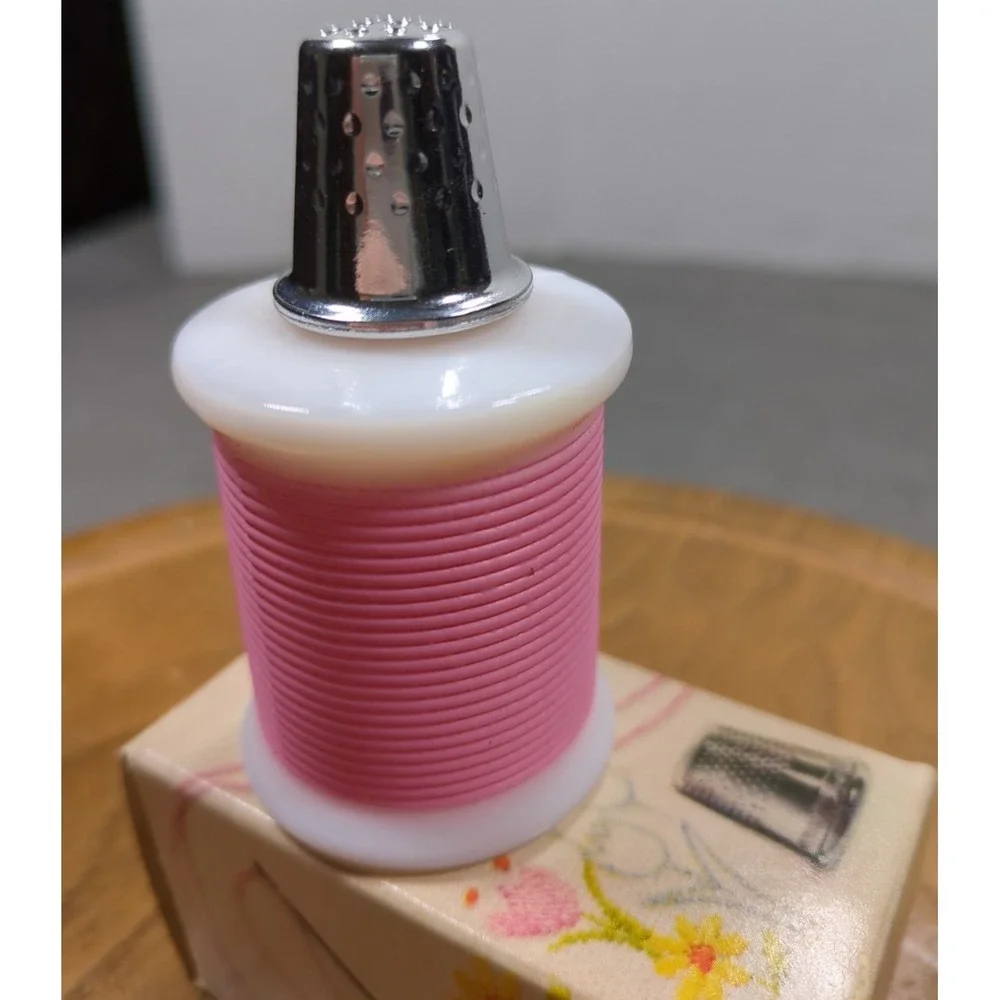 Vtg Avon Sewing Notions Thimble Top Milk Glass Spool Pink Thread Bottle‎ Empty